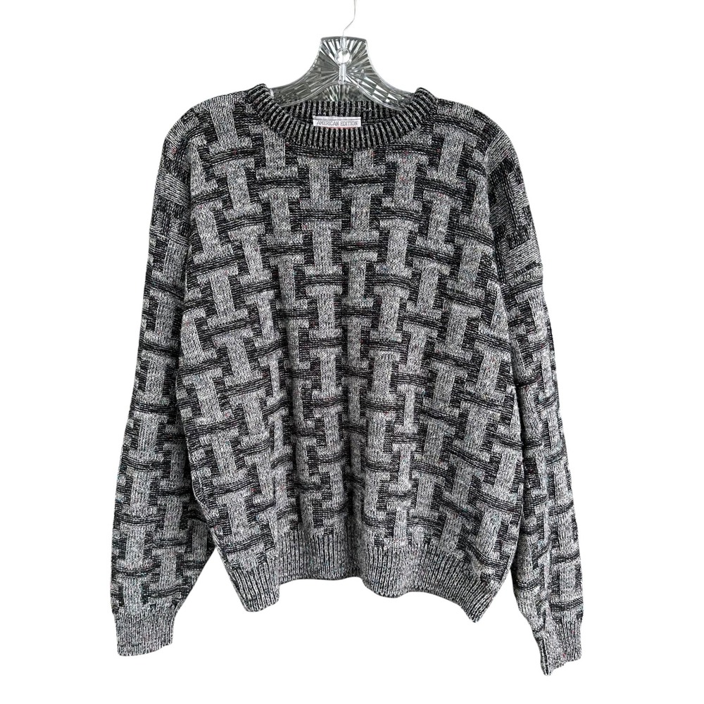 American Edition Vintage Mens XXL Geometric‎ Knit Sweater Gray Black Made in USA
